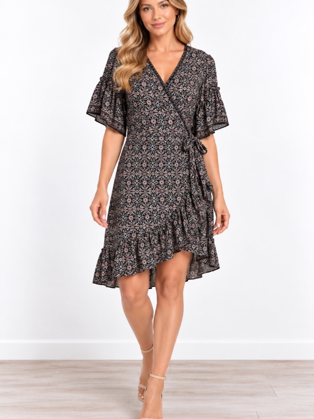 Max Studio XL Black Floral Boho Wrap Midi Dress Bell Sleeves Ruffle Hem